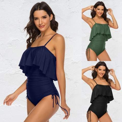 One Piece Swimsuit Women Ruffle Flounce Ruched Tummy Control Adjustable Strap Solid Color Bathing Suit