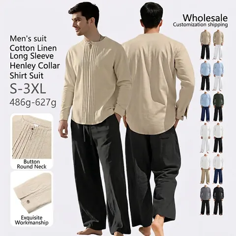 Homme Mélange De Lin Chemise Henley À Manches Longues Et Pantalon Large À Cordon Style Vacances Plage Tenue