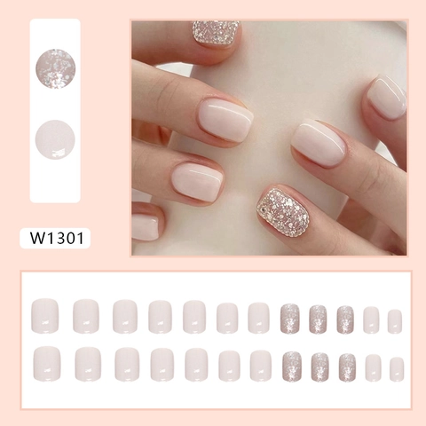 Press On Nails Milky White Glitter Short Square Round Full Cover False Nails Elegant Simple Daily Style For Women