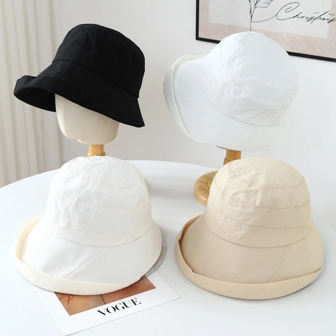 Bucket Hat Women Sun Protection Foldable Crinkle Textured Cotton Linen Fabric Adjustable Casual Japanese Style Sun Hat
