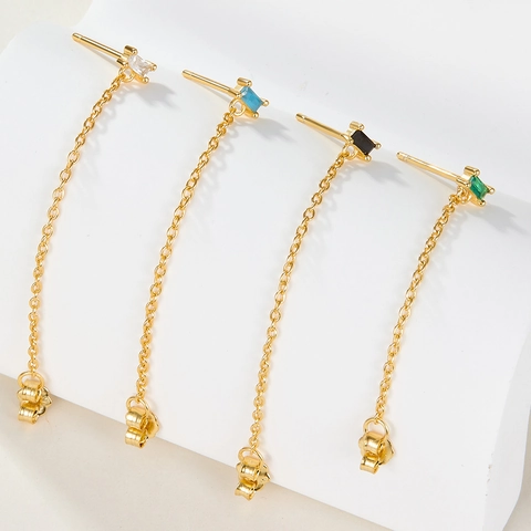 925 Sterling Silver Tassel Stud Earrings Rectangular Cubic Zirconia Geometric Chain Jewelry For Women