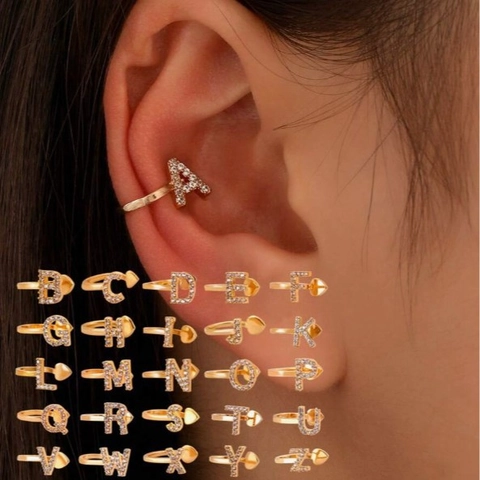 Pendientes De Cartílago Con Letra Inicial De Imitación Para Mujer Sin Perforación Joyería De Latón Minimalista Alfabeto Ajustable Elegante Forma De U