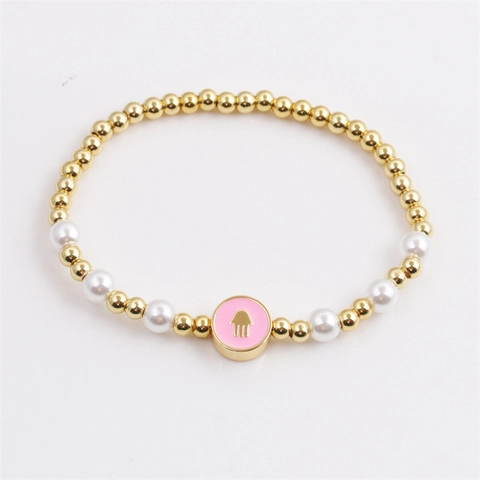 Hand Der Fatima Künstliche Perlenarmband Kupfer Goldene Künstliche Perlen Kunstperle Emaille Anhänger Elastisch Bohemian Glück Schmuck Für Damen