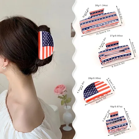US Flag Pattern Hair Claw Clip Acrylic Large Strong Hold Stars Stripes Independence Day Hair Accessory For Women