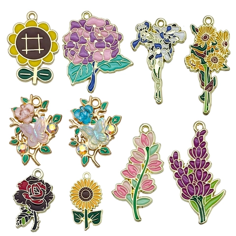 Charms Fiori Lega Di Zinco Smalto Pendenti Floreali Per Creazione Gioielli DIY Girasole Rosa Lavanda Accessori