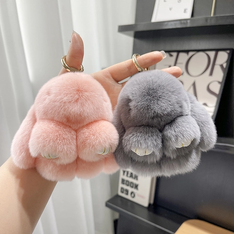 Cute Real Rex Rabbit Fur Bunny Keychain Plush Fluffy Rabbit Doll Car Bag Pendant Decorative Mini Animal Hanging Ornament For Women