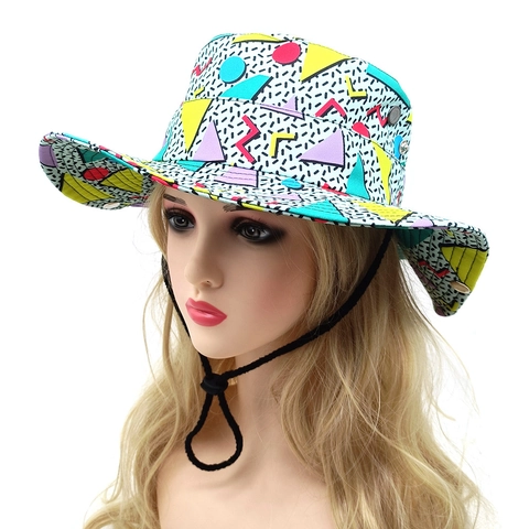 Chapeau Bob À Bord Large Imprimé Géométrique Memphis Rétro Polyester Protection Solaire Extérieure Randonnée Cordon Coupe Vent