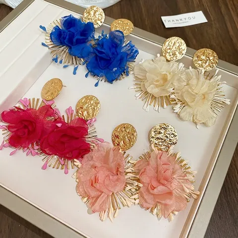 Oversized Flower Drop Earrings Alloy Textured Chiffon Petal Statement Jewelry With 925 Sterling Silver Earring Post For Women