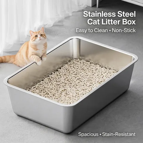 Stainless Steel Cat Litter Box Open Top High Fence Anti Splash Large Capacity Easy To Clean Metal Pet Toilet For Cats