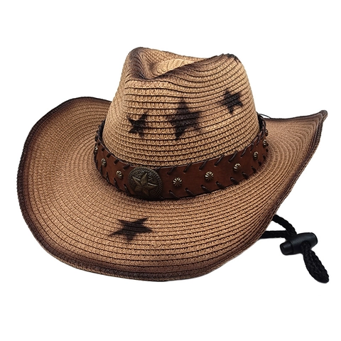 Western Cowboy Straw Hat Wide Brim Sun Protection Beach Travel With Star Badge Rivets Adjustable Chin Strap