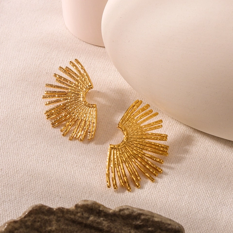 Fan Shaped Stud Earrings 18K Gold Plated Stainless Steel Radial Line Hammered Texture Retro Exaggerated Style For Women