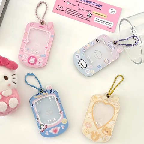 Cute Cartoon Acrylic ID Card Holder Keychain Retro Phone Game Console Shape Photo Frame With Bead Chain