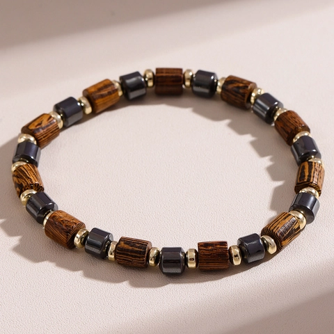 Men Beaded Bracelet With Natural Wood Hematite And Volcanic Stone Simple Fashion Elastic Jewelry Accessory