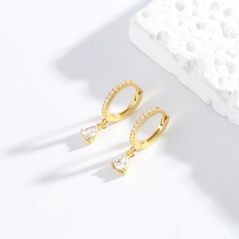 French Luxury 925 Sterling Silver Water Drop Hoop Earrings For Women Rhinestone Inlaid Brushed Texture Fashion Jewelry