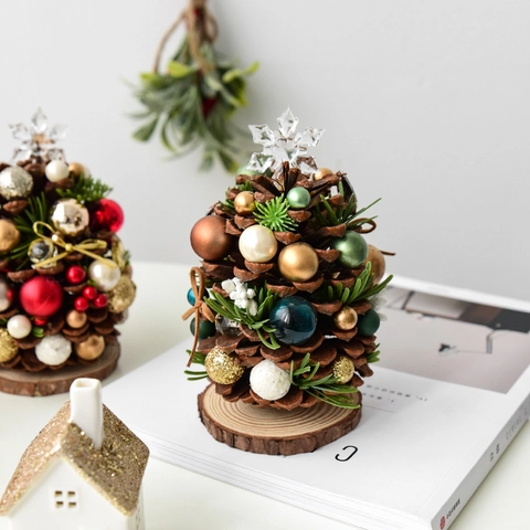 Mini Sapin De Noël Décoration De Table Pomme De Pin Naturelle Base En Bois Fait Main