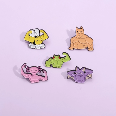 Divertidos Pines de Esmalte de Animales Musculosos Broches de Aleación de Rana Abeja Gato de Dibujos Animados para Ropa Mochila