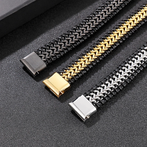 Bracciale In Pelle Intrecciata Da Uomo Con Catena In Acciaio Inossidabile Stile Punk Retro Chiusura Magnetica Gioiello Biker