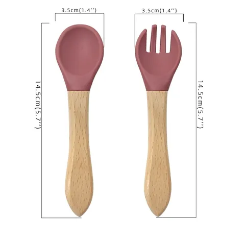 Baby Silicone Spoon And Fork With Wooden Handle Soft Tip Food Grade For Infant Toddler Self Feeding Training Utensils