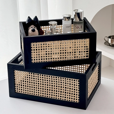 Handmade Storage Basket Solid Wood Rattan Woven Desktop Organizer Vintage Style Box For Cosmetics Books Stationery Home
