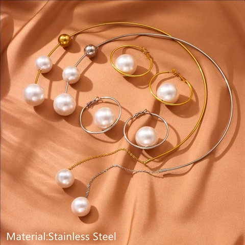 Stainless Steel Choker Necklace And Earrings With Faux Artificial Pearls Asymmetrical Dangling Chain Elegant Jewelry For Women