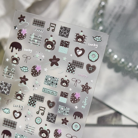 Nail Art Stickers 3D Relief Embossed Cartoon Bear Cute Vintage DIY Manicure Decoration Decals Heart Star Note Patterns