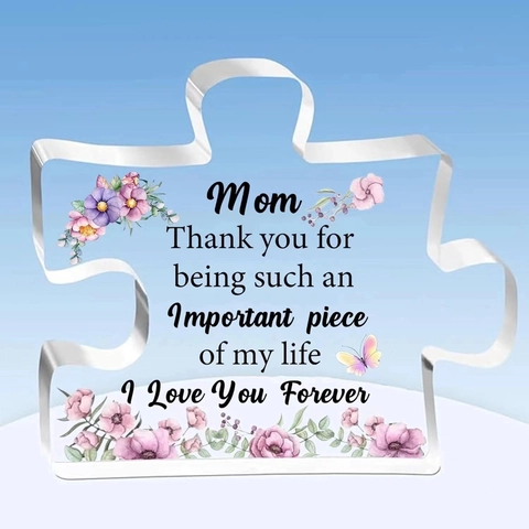 Acrylic Transparent Puzzle Piece Tabletop Ornament Plaque With Floral Pattern And Sentimental Message For Mom Dad Bestie Gift