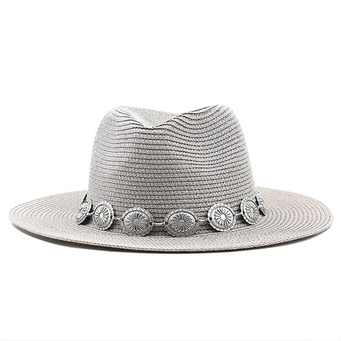 Woven Straw Fedora Hat With Sunflower Alloy Metal Band Summer Sunshade Beach Panama Jazz Style For Men Women