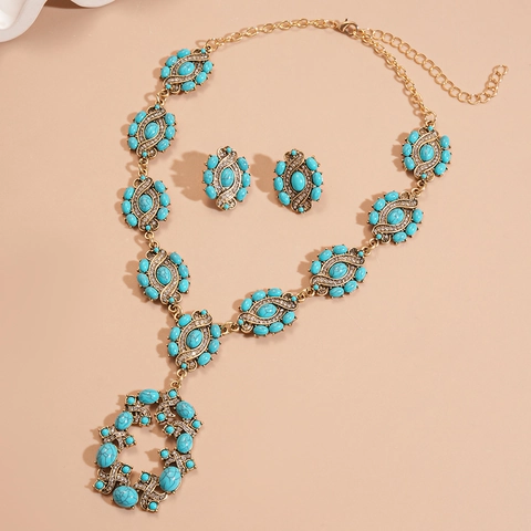 Böhmischer Schmuck Halskette Und Ohrringe Legierung Harz Strass Oval Ausgehöhlt Vintage Palast Stil Frauen Silberne Ohrstecker
