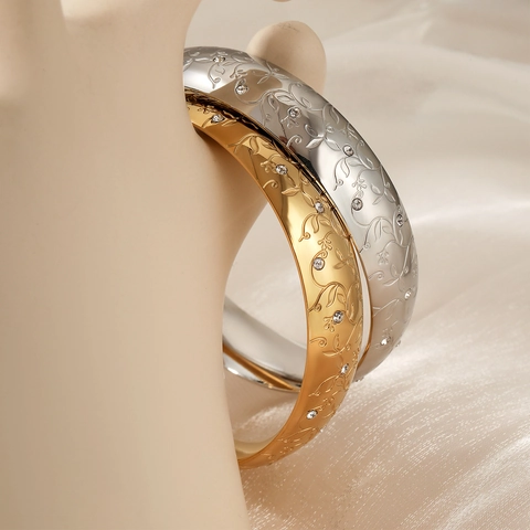 Brazalete Vintage De Acero Inoxidable Para Mujer Con Patrón De Flores Y Circonitas Joyería Pulida
