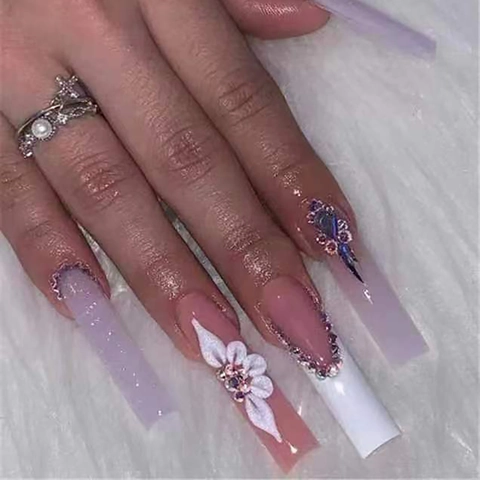 Long Coffin Press On Nails Gradient Pink Purple Rhinestone 3D Flower Glitter Fake Nails Manicure For Women