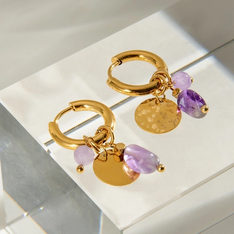 Stainless Steel Hoop Earrings With Natural Purple Stone And Hammered Disc Geometric Vintage Hypoallergenic Jewelry Women