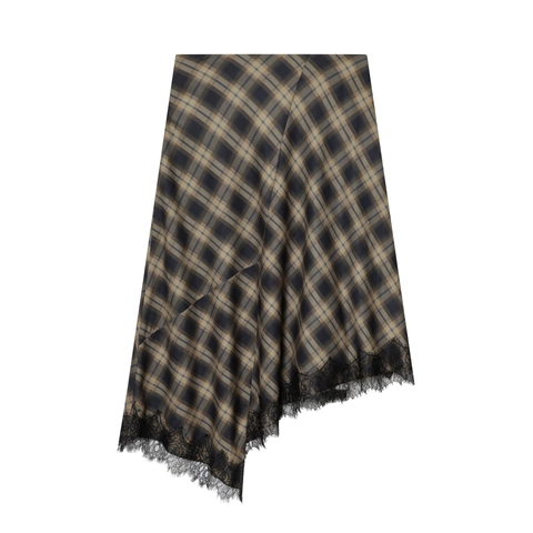 Jupe Midi Asymétrique À Carreaux Pour Femmes Avec Bordure En Dentelle Vintage Taille Haute Streetwear Sexy Jupe Trapèze