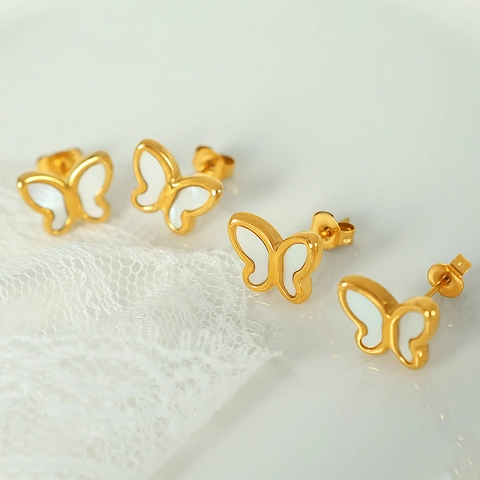 Butterfly Stud Earrings Stainless Steel 18K Gold Plated White Mother Of Artificial Pearl French Retro Niche Design For Women