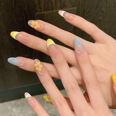 Faux Ongles Faits Main Sculpture Florale Stéréoscopique Dégradé Macaron Été Amovible Formes Ovales Carrées Pour Femmes