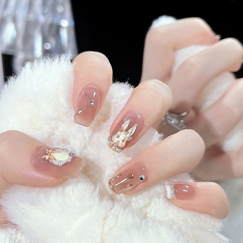 Faux Ongles à Presser Faits à la Main Style Français Doux Lapin 3D Künstliche Perle Strass Faux Ongles Brillants Décoration Femme
