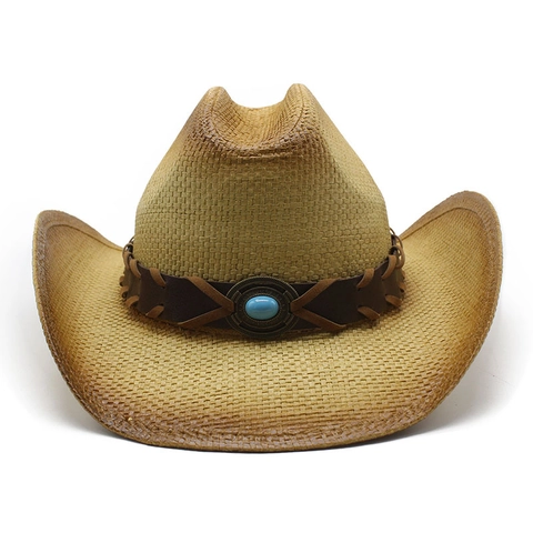 Western Cowboy Straw Hat Wide Brim Sun Protection Paper Braided Summer Beach Travel Vintage Ethnic Turquoise Leather Band