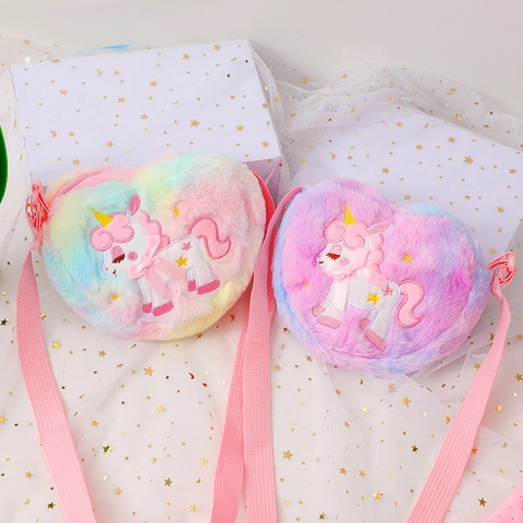 Borsa A Tracolla In Peluche A Forma Di Cuore Ricamo Unicorno Carino Pelliccia Sintetica Borsa Per Bambini Ragazze
