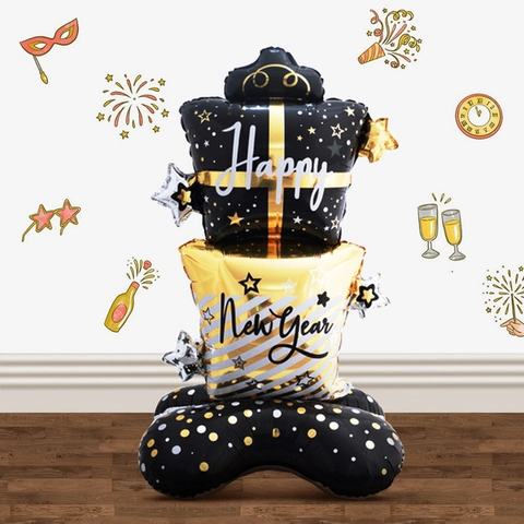 Ballon Debout Bonne Année Colonne Décorative En Aluminium Avec Base Pour Célébration De Fête Thème Noir Or