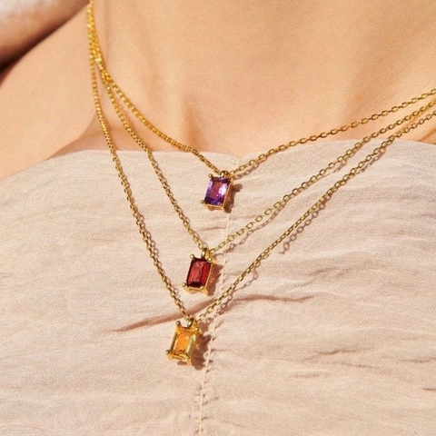 Birthstone Necklace For Women Titanium Steel 18K Gold Plated Rectangle Zircon Pendant Vintage Geometric Jewelry