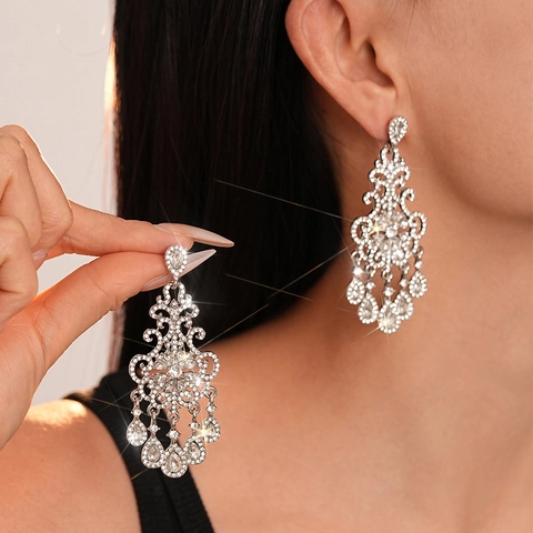 Orecchini A Lampadario In Lega Con Strass E Perno In Argento Sterling 925 Goccia D'Acqua Stile Barocco Per Donna