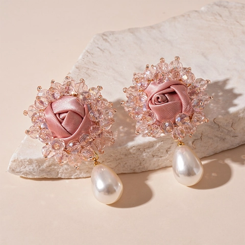 Pink Satin Rose Flower Drop Earrings Glass Crystal Beads With 925 Sterling Silver Earring Post Vintage Sweet Style