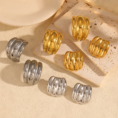 Croissant Stud Earrings 18K Gold Plated Stainless Steel Ribbed Dome Geometric Minimalist Jewelry For Women