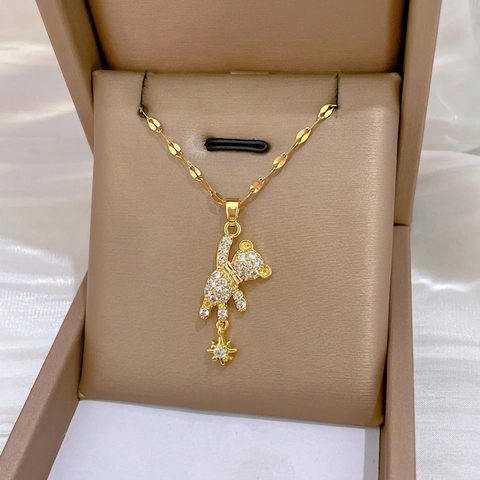 Stainless Steel Bear Star Pendant Necklace For Women Luxury Pave Rhinestone Copper Bear Animal Clavicle Chain Jewelry Gift