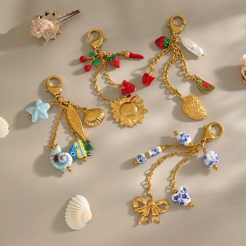 Llavero De Acero Inoxidable Bañado En Oro Tema Frutas Mar Flores Dije Para Bolso Con Cuentas De Porcelana Impermeable Mujer