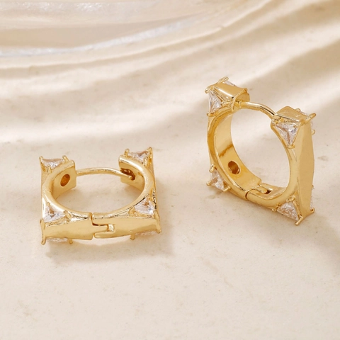 Geometric Square Huggie Hoop Earrings For Women In Copper Gold Plated With Triangle Cubic Zirconia Stones Trendy Jewelry