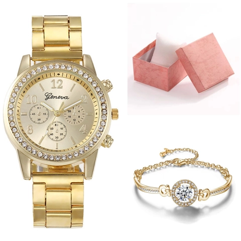 Dames Quartz Horloge En Armband Met Strass Inleg Legering Schakelband Casual Modieuze Elegante Sieraden Cadeau
