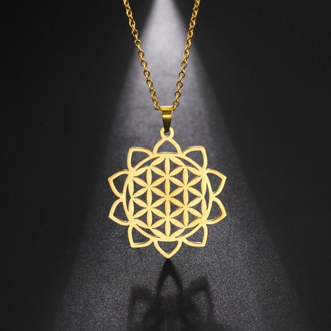 Collana con Pendente Fiore della Vita in Acciaio Inossidabile per Donna Mandala Cavo Ciondolo Geometrico Tondo Gioielli di Moda