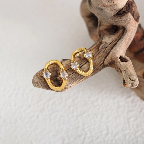Irregular Oval Stainless Steel Hoop Earrings For Women Rhombus Rhinestone Inlaid Geometric Lightweight Fashion Jewelry