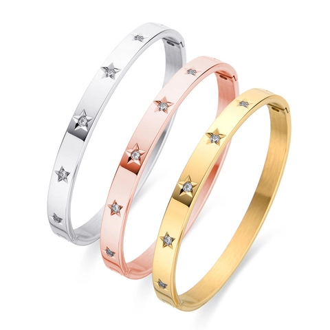 Star Pattern Zircon Inlaid Stainless Steel Bangle Fashion Hinged Buckle Bracelet For Women Luxury Daily Accessory