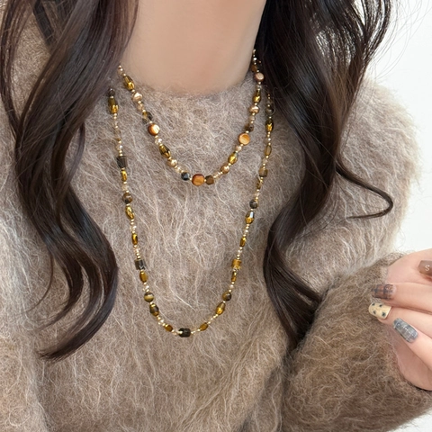 Collar De Cuentas De Ojo De Tigre Aleación Estilo Retro Maillard Colgante De Capas Cadena Larga De Suéter Para Mujer